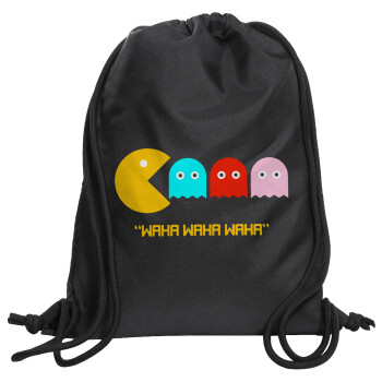 Pacman waka waka waka, Τσάντα πλάτης πουγκί GYMBAG Μαύρη, με τσέπη (40x48cm) & χονδρά κορδόνια