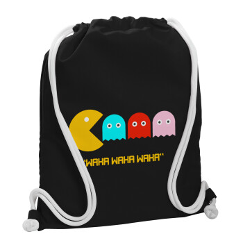 Pacman waka waka waka, Τσάντα πλάτης πουγκί GYMBAG Μαύρη, με τσέπη (40x48cm) & χονδρά λευκά κορδόνια