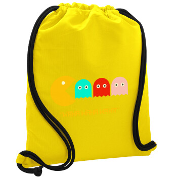 Pacman waka waka waka, Τσάντα πλάτης πουγκί GYMBAG Κίτρινη, με τσέπη (40x48cm) & χονδρά κορδόνια