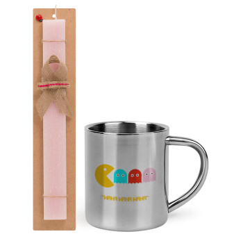 Pacman waka waka waka, Easter Set, metallic thermal cup (300ml) & aromatic flat Easter candle (30cm) (PINK)