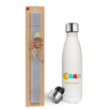 Pacman waka waka waka, Easter candle, metallic white thermos bottle (500ml) & aromatic flat candle (30cm) (GRAY)