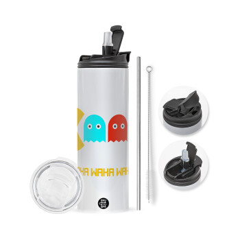 Pacman waka waka waka, Travel Tumbler 2 Lids, with metal straw & cleaning brush (Stainless steel 304 Food grade, BPA free, 600ml)