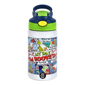 My Day Grinch, Children's hot water bottle, stainless steel, with safety straw, green, blue (350ml)