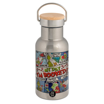 My Day Grinch, Stainless steel metallic thermos flask, silver with a bamboo lid, double-walled, 350ml.