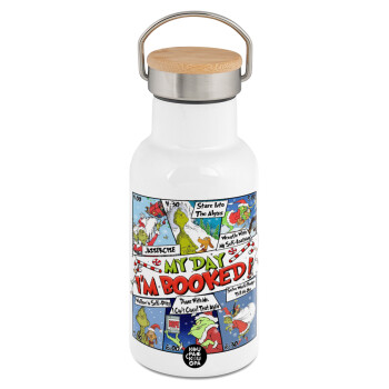 My Day Grinch, Metallic thermos (Stainless steel) White with wooden lid (bamboo), double-walled, 350ml