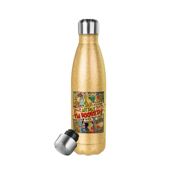 My Day Grinch, Glitter gold stainless steel thermos bottle, double-walled, 500ml