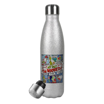 My Day Grinch, Metallic Glitter Silver Thermos Flask (Stainless steel), double-walled, 500ml