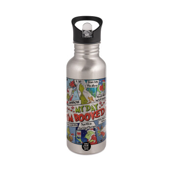 My Day Grinch, Water bottle Silver with straw, stainless steel 600ml