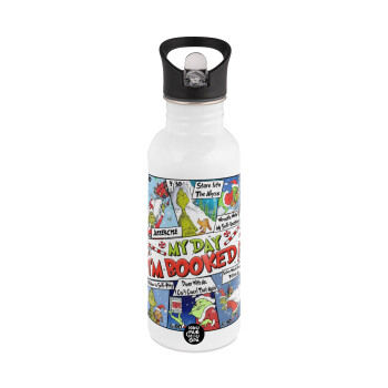 My Day Grinch, White water bottle with straw, stainless steel 600ml