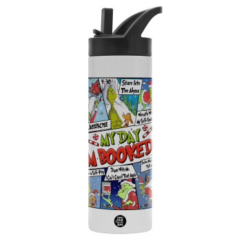 My Day Grinch, Metallic thermos bottle with straw & handle, stainless steel (Stainless steel 304), double-walled, 600ml.