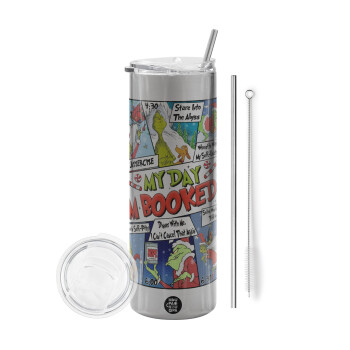 My Day Grinch, Tumbler stainless steel Silver 600ml, with metal straw & cleaning brush