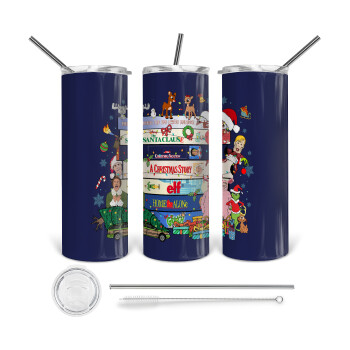 Xmas Classic movies, Tumbler ποτήρι θερμό από ανοξείδωτο ατσάλι 600ml, με μεταλλικό καλαμάκι & βούρτσα καθαρισμού