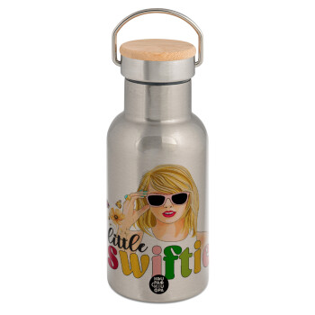 Little Swiftie, Stainless steel metallic thermos flask, silver with a bamboo lid, double-walled, 350ml.