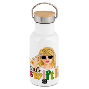 Little Swiftie, Metallic thermos (Stainless steel) White with wooden lid (bamboo), double-walled, 350ml