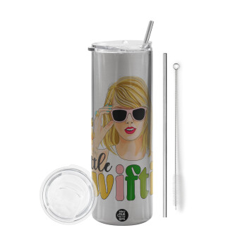 Little Swiftie, Tumbler ποτήρι θερμό Ασημένιο από ανοξείδωτο ατσάλι 600ml, με μεταλλικό καλαμάκι & βούρτσα καθαρισμού