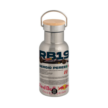 Redbull Sergio Perezi, Stainless steel metallic thermos flask, silver with a bamboo lid, double-walled, 350ml.