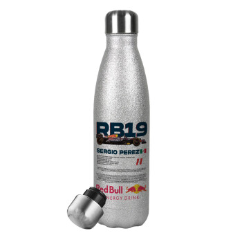 Redbull Sergio Perezi, Metallic Glitter Silver Thermos Flask (Stainless steel), double-walled, 500ml