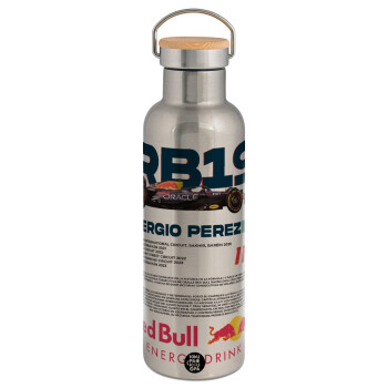 Redbull Sergio Perezi, Μεταλλικό παγούρι θερμός (Stainless steel) Ασημένιο με ξύλινο καπακι (bamboo), διπλού τοιχώματος, 750ml