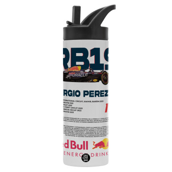 Redbull Sergio Perezi, Metallic thermos bottle with straw & handle, stainless steel (Stainless steel 304), double-walled, 600ml.