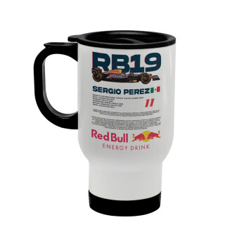 Redbull Sergio Perezi, Stainless steel travel mug with lid, double wall white 450ml