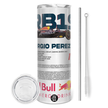 Redbull Sergio Perezi, Tumbler ποτήρι θερμό από ανοξείδωτο ατσάλι 600ml, με μεταλλικό καλαμάκι & βούρτσα καθαρισμού