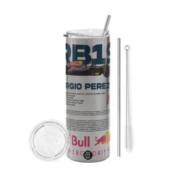 Redbull Sergio Perezi, Tumbler ποτήρι θερμό Ασημένιο από ανοξείδωτο ατσάλι 600ml, με μεταλλικό καλαμάκι & βούρτσα καθαρισμού