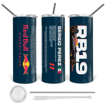 Redbull Sergio Perezi, Tumbler ποτήρι θερμό από ανοξείδωτο ατσάλι 600ml, με μεταλλικό καλαμάκι & βούρτσα καθαρισμού