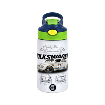 Volkswagen Beetle, Children's hot water bottle, stainless steel, with safety straw, green, blue (350ml)