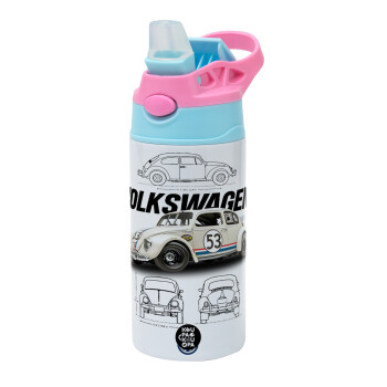 Volkswagen Beetle, Children's hot water bottle, stainless steel, with safety straw, Pink/BlueCiel (360ml) BPA FREE