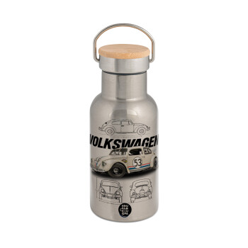 Volkswagen Beetle, Stainless steel metallic thermos flask, silver with a bamboo lid, double-walled, 350ml.