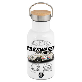 Volkswagen Beetle, Metallic thermos (Stainless steel) White with wooden lid (bamboo), double-walled, 350ml