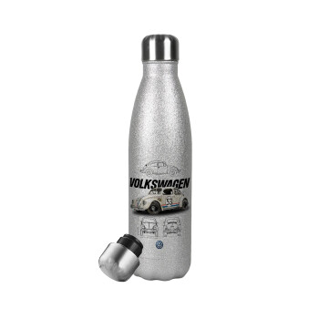 Volkswagen Beetle, Metallic Glitter Silver Thermos Flask (Stainless steel), double-walled, 500ml