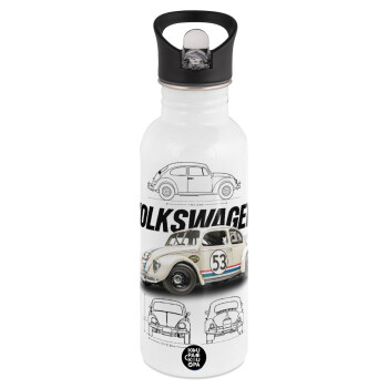 Volkswagen Beetle, White water bottle with straw, stainless steel 600ml