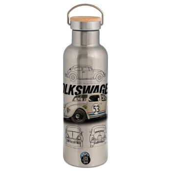 Volkswagen Beetle, Stainless steel Silver with wooden lid (bamboo), double wall, 750ml