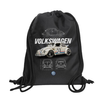 Volkswagen Beetle, Τσάντα πλάτης πουγκί GYMBAG Μαύρη, με τσέπη (40x48cm) & χονδρά κορδόνια