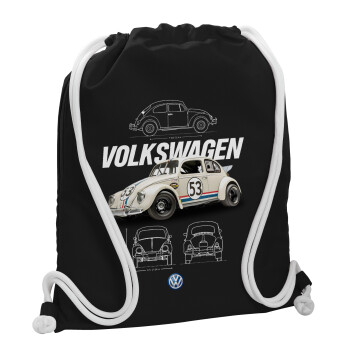 Volkswagen Beetle, Backpack pouch GYMBAG Black, with pocket (40x48cm) & thick white cords