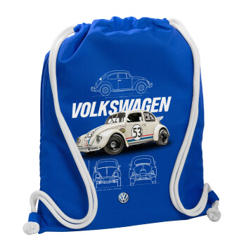 Volkswagen Beetle, Τσάντα πλάτης πουγκί GYMBAG Μπλε, με τσέπη (40x48cm) & χονδρά κορδόνια