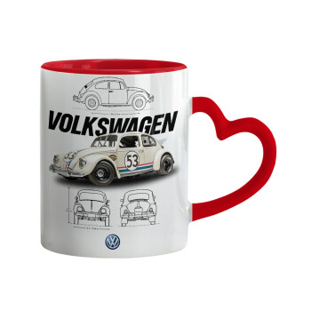 Volkswagen Beetle, Mug heart red handle, ceramic, 330ml