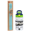 Easter Set, Children's thermal stainless steel bottle with safety straw, green/blue (350ml) & aromatic flat Easter candle (30cm) (TURQUOISE)