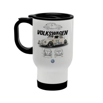 Volkswagen Beetle, Stainless steel travel mug with lid, double wall white 450ml