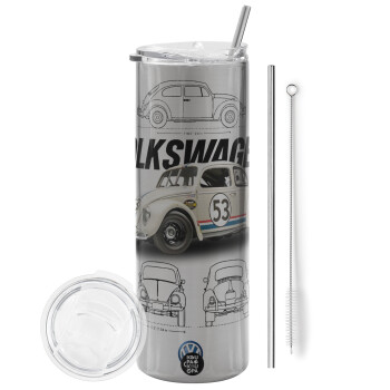 Volkswagen Beetle, Tumbler stainless steel Silver 600ml, with metal straw & cleaning brush