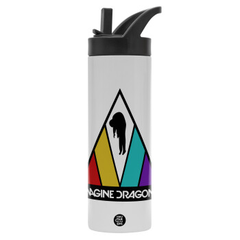 Imagine Dragons, Metallic thermos bottle with straw & handle, stainless steel (Stainless steel 304), double-walled, 600ml.