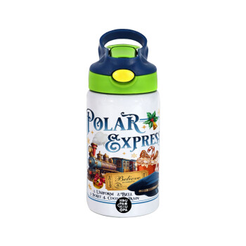 The Polar Express, Children's hot water bottle, stainless steel, with safety straw, green, blue (350ml)