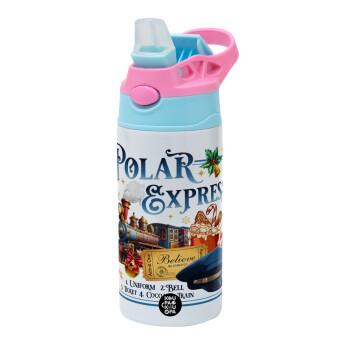 The Polar Express, Children's hot water bottle, stainless steel, with safety straw, Pink/BlueCiel (360ml) BPA FREE