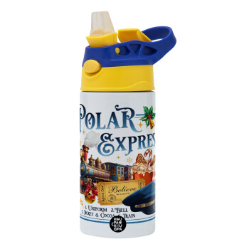 The Polar Express, Children's hot water bottle, stainless steel, with safety straw, green, blue (360ml) BPA FREE