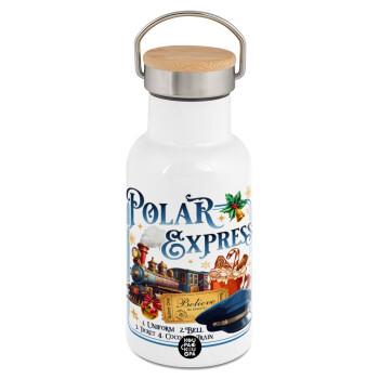 The Polar Express, Μεταλλικό παγούρι θερμός (Stainless steel) Λευκό με ξύλινο καπακι (bamboo), διπλού τοιχώματος, 350ml