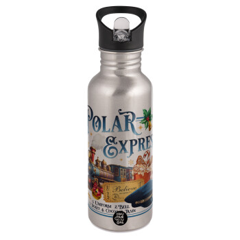 The Polar Express, Water bottle Silver with straw, stainless steel 600ml