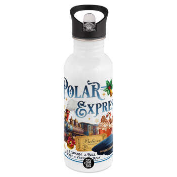 The Polar Express, White water bottle with straw, stainless steel 600ml