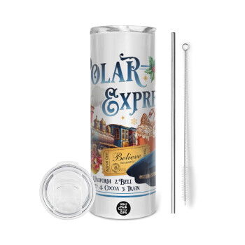 The Polar Express, Tumbler ποτήρι θερμό από ανοξείδωτο ατσάλι 600ml, με μεταλλικό καλαμάκι & βούρτσα καθαρισμού