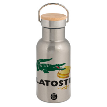 Latoste, Stainless steel metallic thermos flask, silver with a bamboo lid, double-walled, 350ml.